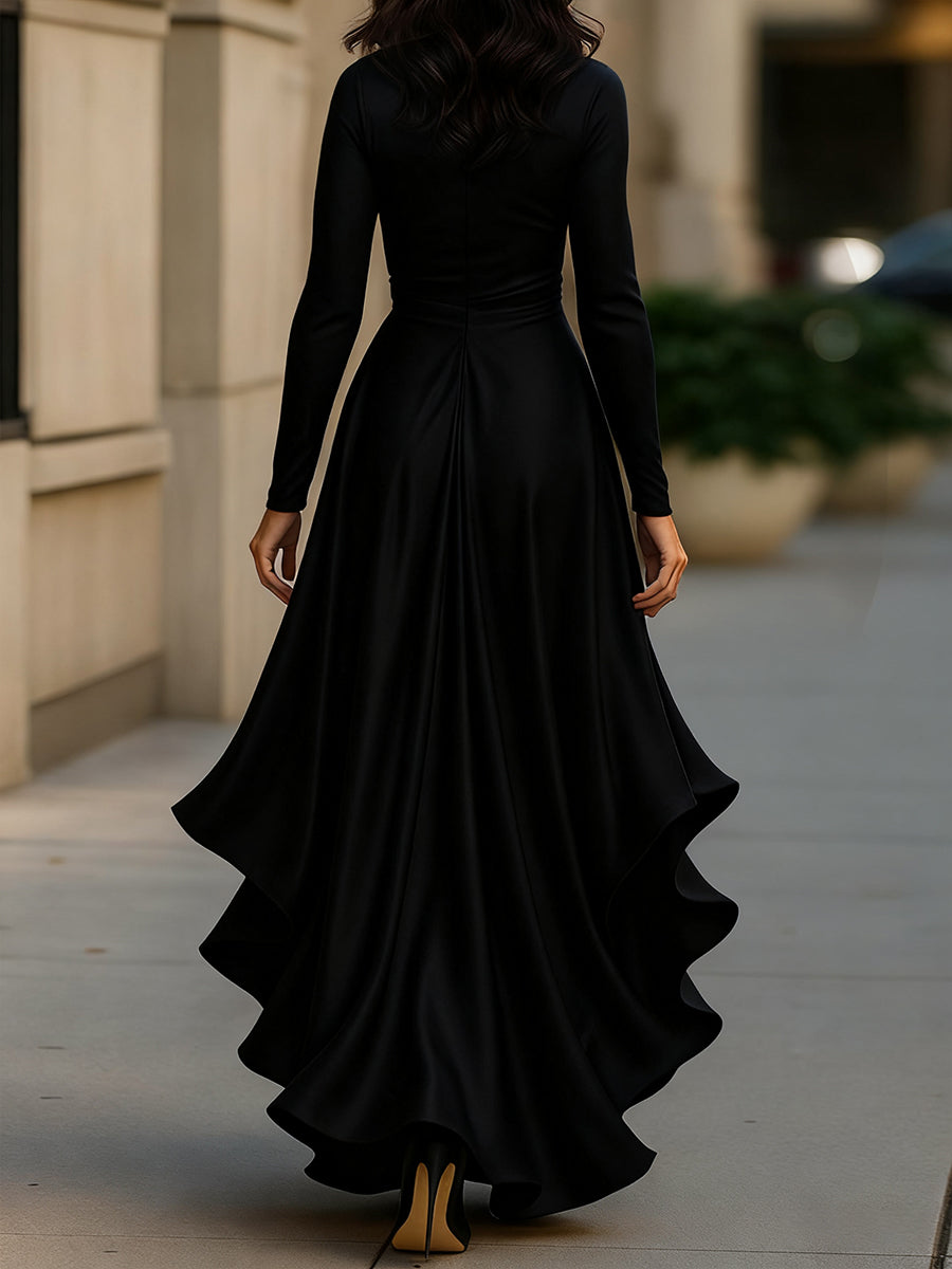 Whitemore & Daughters - Midi Dress: Wrap V-Neck Satin Dress with Ruffle High-Low Hem