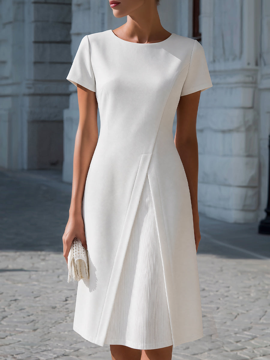 Whitemore & Daughters - Midi Dress: Round-Neck A-Line Dress with Pleated Panel