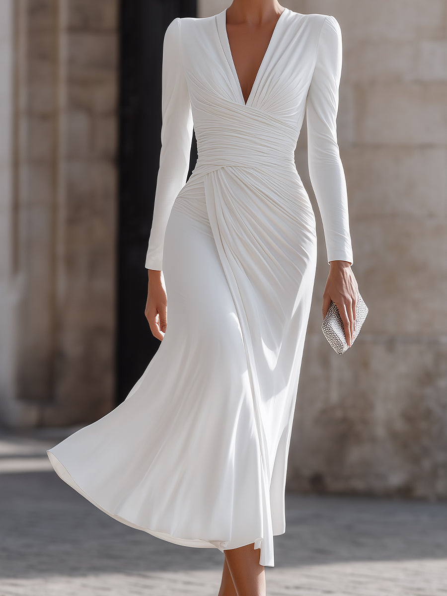 Whitemore & Daughters - Midi Dress: V-Neck Ruched Dress with Long Sleeves