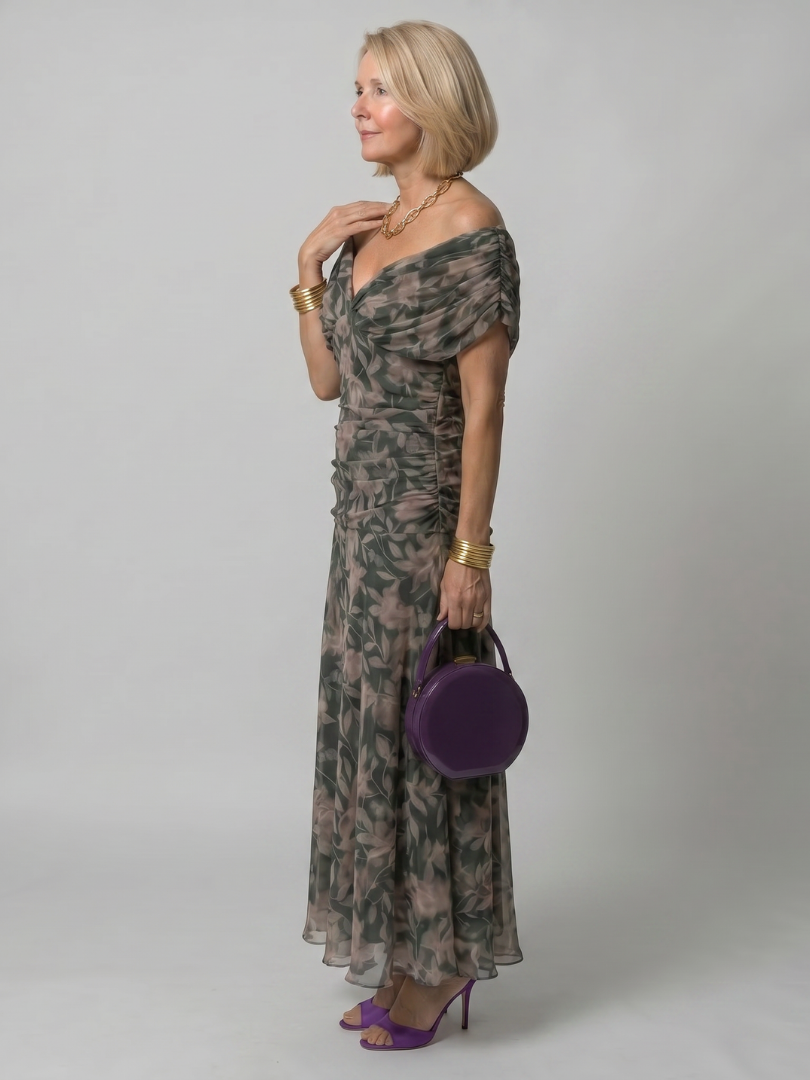 Whitemore & Daughters - Calen Maxi Dress: Off-Shoulder V-Neck Dress with Flutter Sleeves in Floral Print