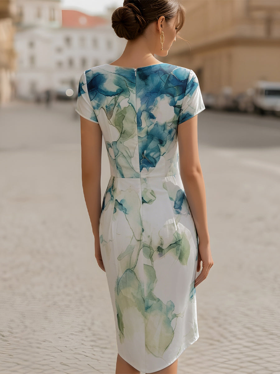 Whitemore & Daughters - Midi Dress: Cowl-Neck Ruched Dress in Watercolor Print