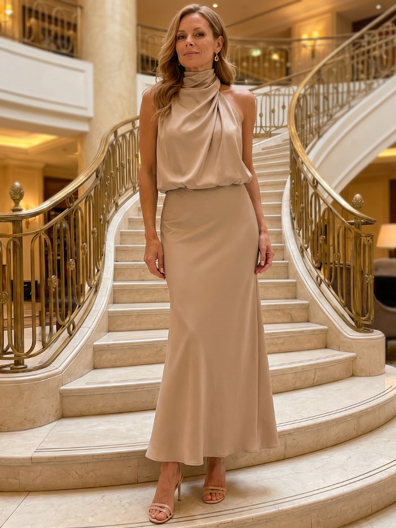 Whitemore & Daughters - Nopal Maxi Dress: Halter-Neck Draped Dress with Blouson Bodice