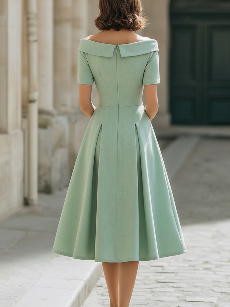 Whitemore & Daughters - Midi Dress: Off-Shoulder Fit-and-Flare Dress with Pockets