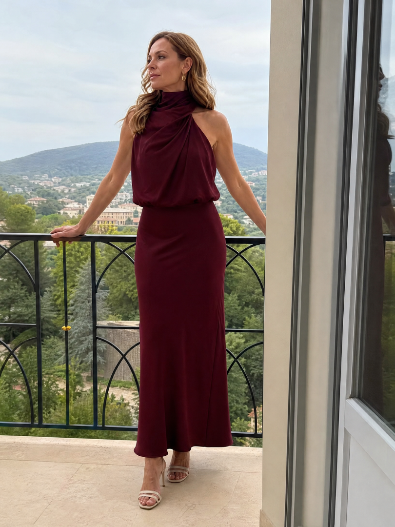 Whitemore & Daughters - Nopal Maxi Dress: Halter-Neck Draped Dress with Blouson Bodice