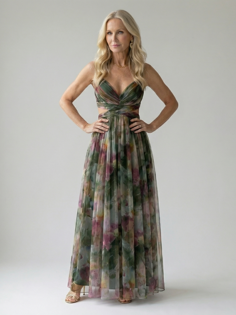 Whitemore & Daughters - Isel Maxi Dress: V-Neck Dress with Criss-Cross Waist Detail in Watercolor Print