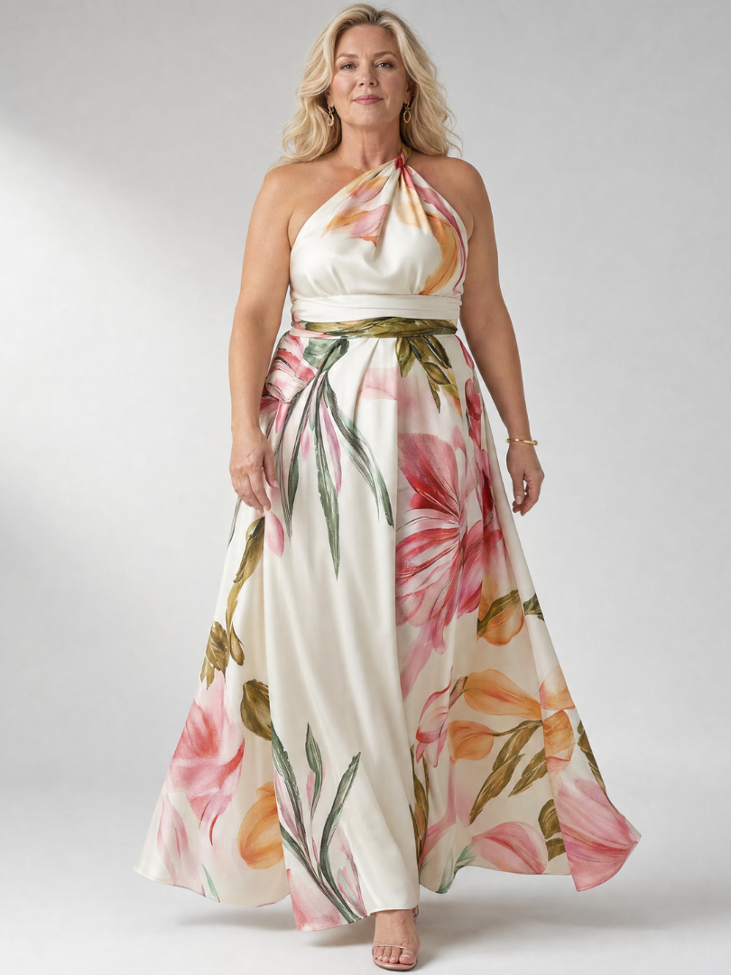 Whitemore & Daughters - Amiel Maxi Dress: One-Shoulder Dress with Sash Belt in Floral Print