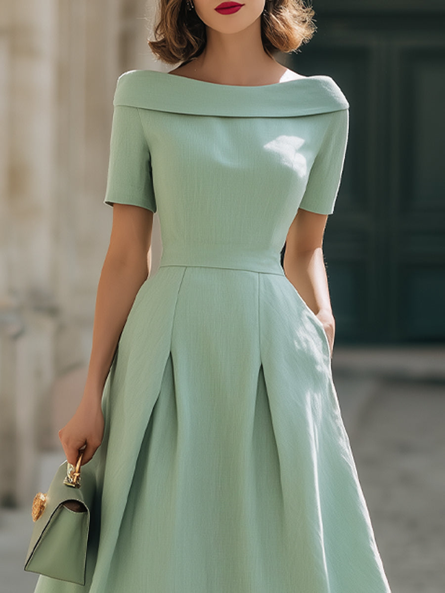 Whitemore & Daughters - Midi Dress: Off-Shoulder Fit-and-Flare Dress with Pockets