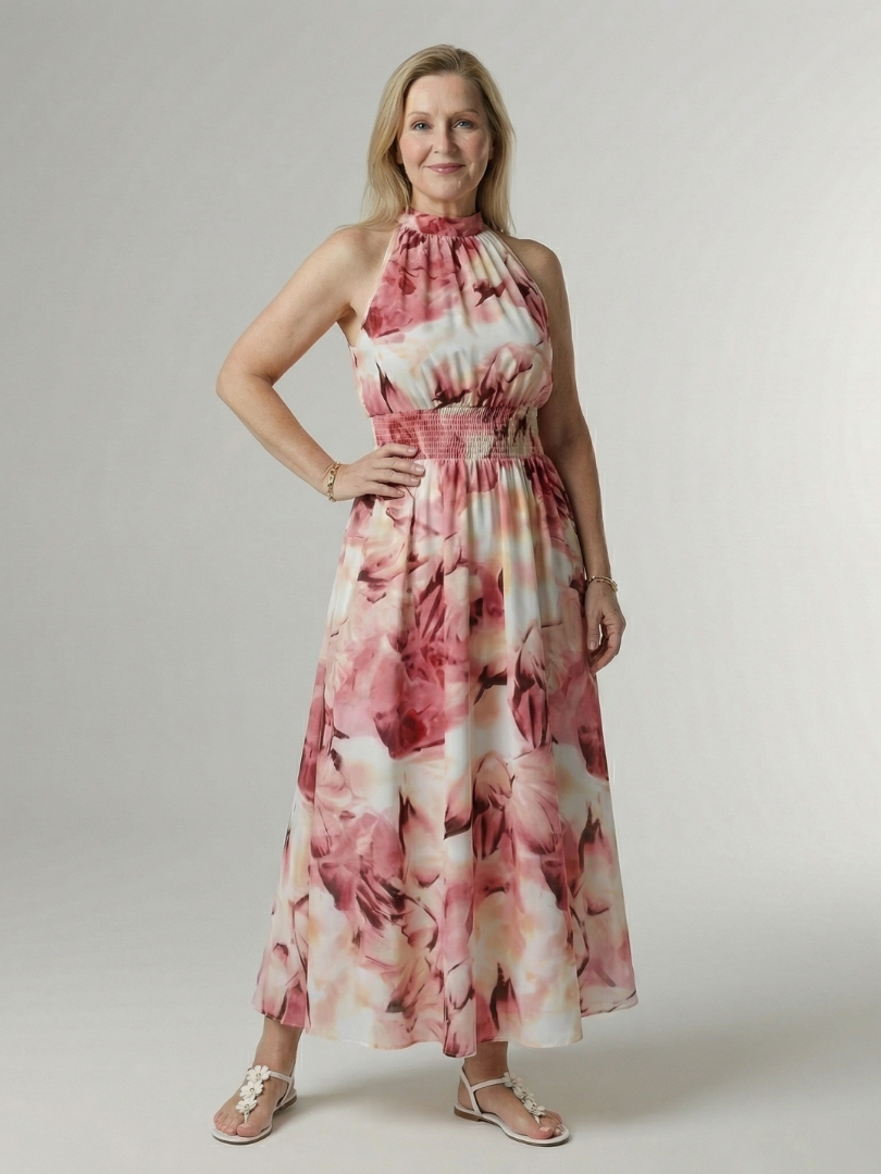 Whitemore & Daughters - Sylin Maxi Dress: Halter-Neck Dress with Gathered Waist in Watercolor Print