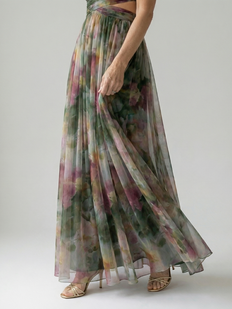 Whitemore & Daughters - Isel Maxi Dress: V-Neck Dress with Criss-Cross Waist Detail in Watercolor Print