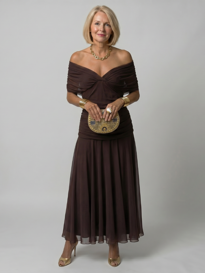 Whitemore & Daughters - Calen Maxi Dress: Off-Shoulder V-Neck Dress with Flutter Sleeves in Floral Print