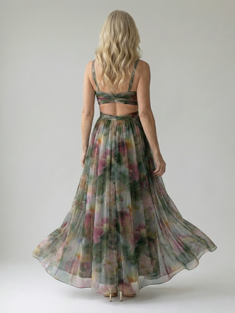 Whitemore & Daughters - Isel Maxi Dress: V-Neck Dress with Criss-Cross Waist Detail in Watercolor Print
