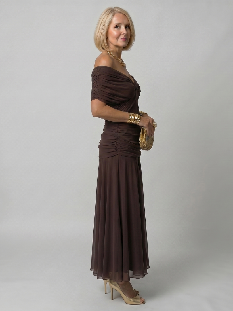 Whitemore & Daughters - Calen Maxi Dress: Off-Shoulder V-Neck Dress with Flutter Sleeves in Floral Print