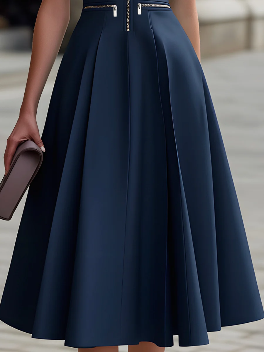 Whitemore & Daughters - Midi Dress: High-Neck A-Line Dress with Zip-Front Detail