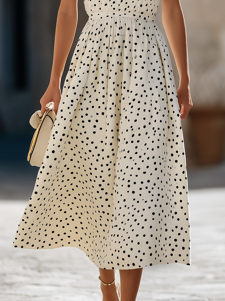 Whitemore & Daughters - Midi Dress: Round-Neck A-Line Dress with Gathered Waist in Polka Dot Print