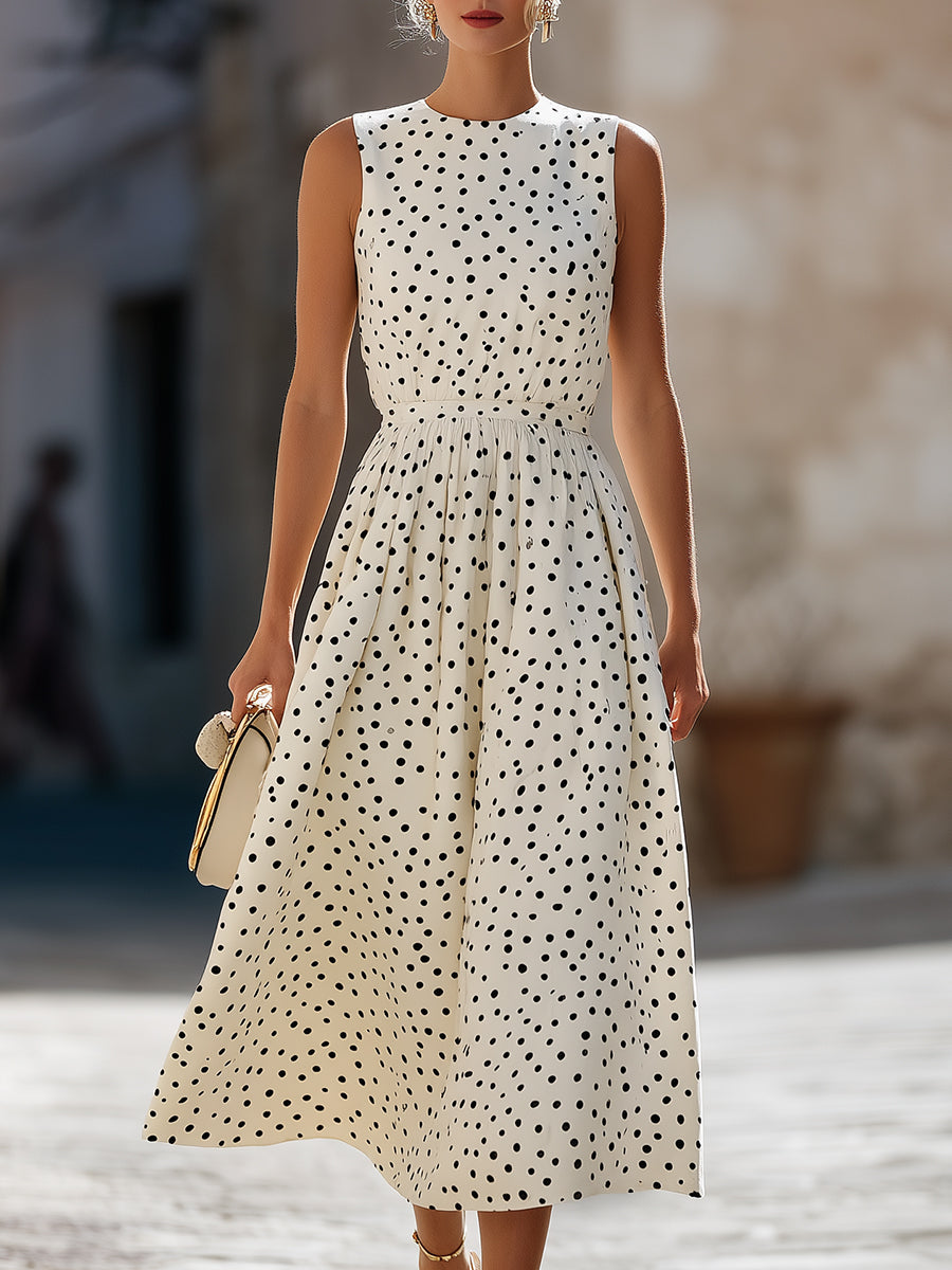 Whitemore & Daughters - Midi Dress: Round-Neck A-Line Dress with Gathered Waist in Polka Dot Print
