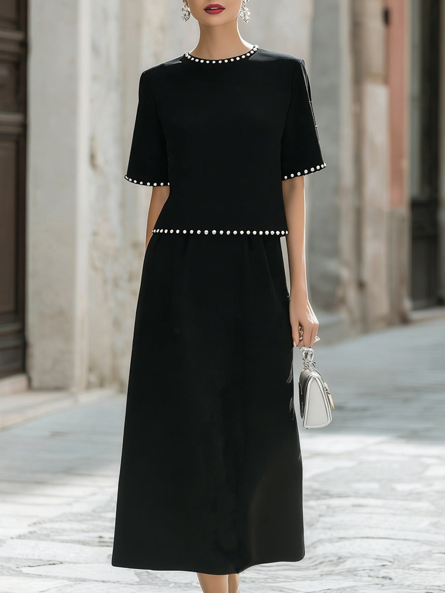 Black Elegant Pearl-Trimmed Midi Skirt Co-ord – Whitemore & Daughters