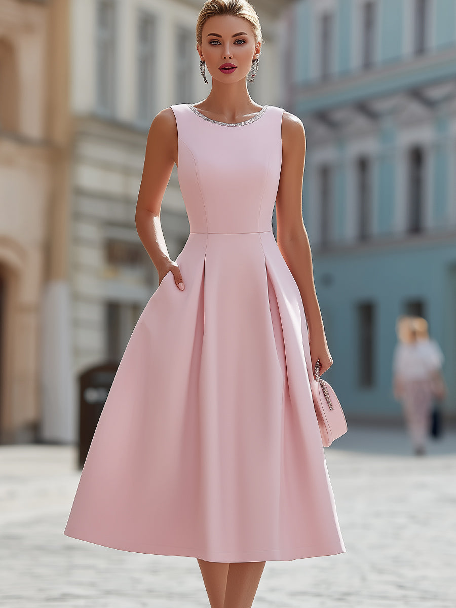 Whitemore & Daughters - Midi Dress: Round-Neck Fit-and-Flare Dress with Rhinestone Trim