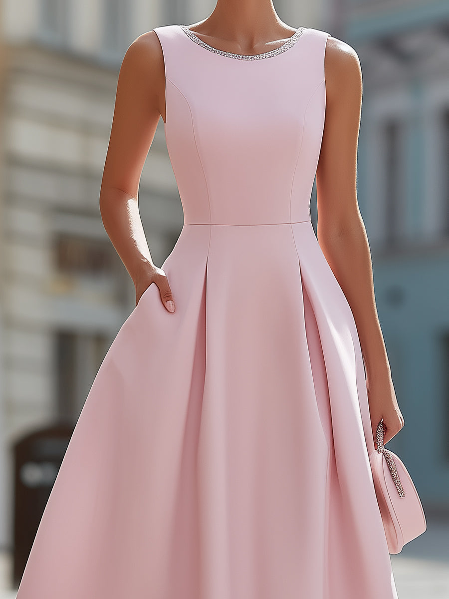 Whitemore & Daughters - Midi Dress: Round-Neck Fit-and-Flare Dress with Rhinestone Trim