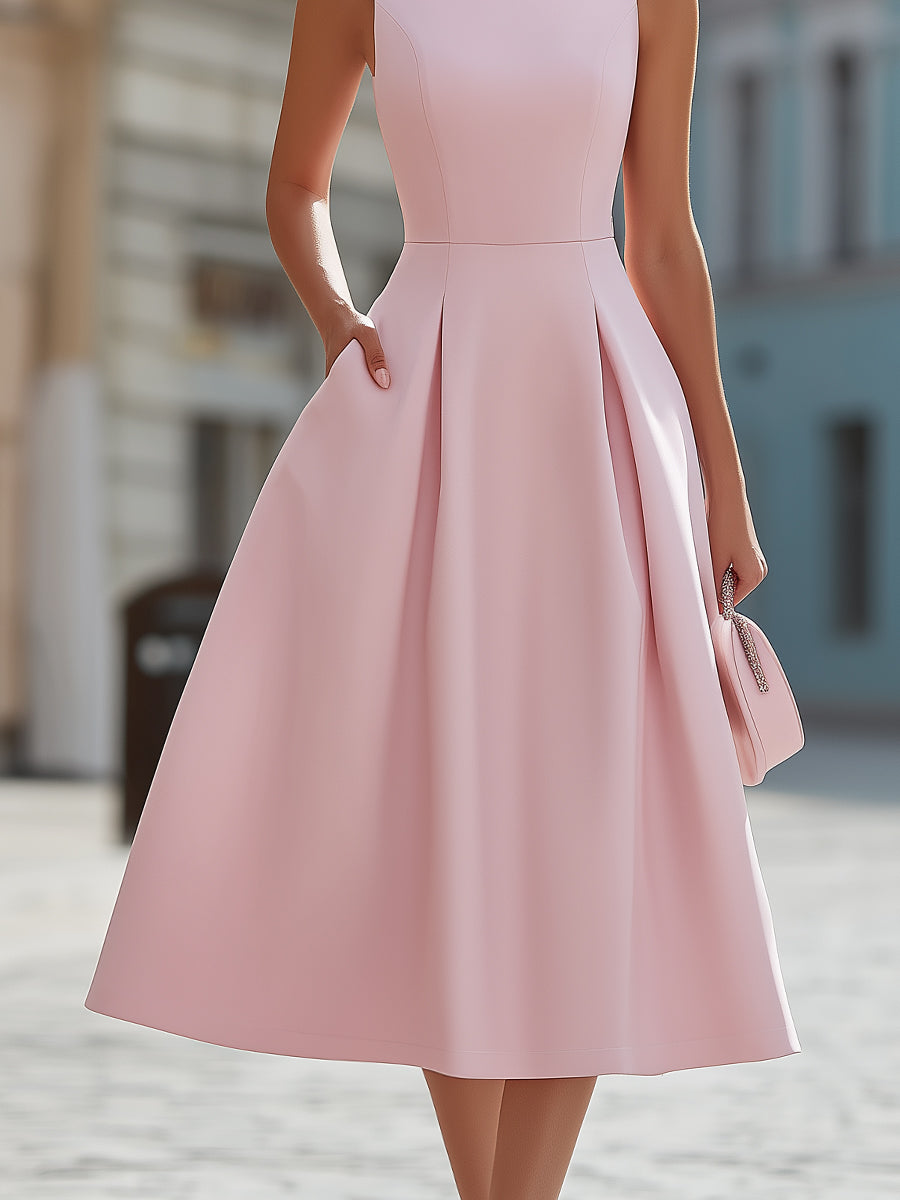 Whitemore & Daughters - Midi Dress: Round-Neck Fit-and-Flare Dress with Rhinestone Trim