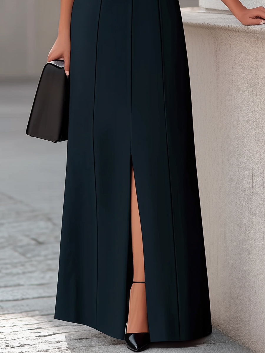 Whitemore & Daughters - Maxi Dress: Round-Neck Sleeveless Column Dress with Front Slit