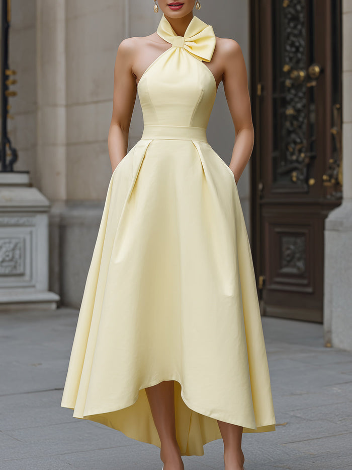 Whitemore & Daughters - Midi Dress: Halter-Neck Bow Dress with High-Low A-Line Skirt