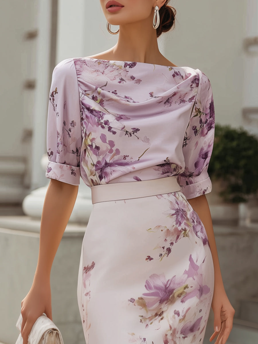 Whitemore & Daughters - Midi Dress: Boat-Neck Draped Dress in Floral Print