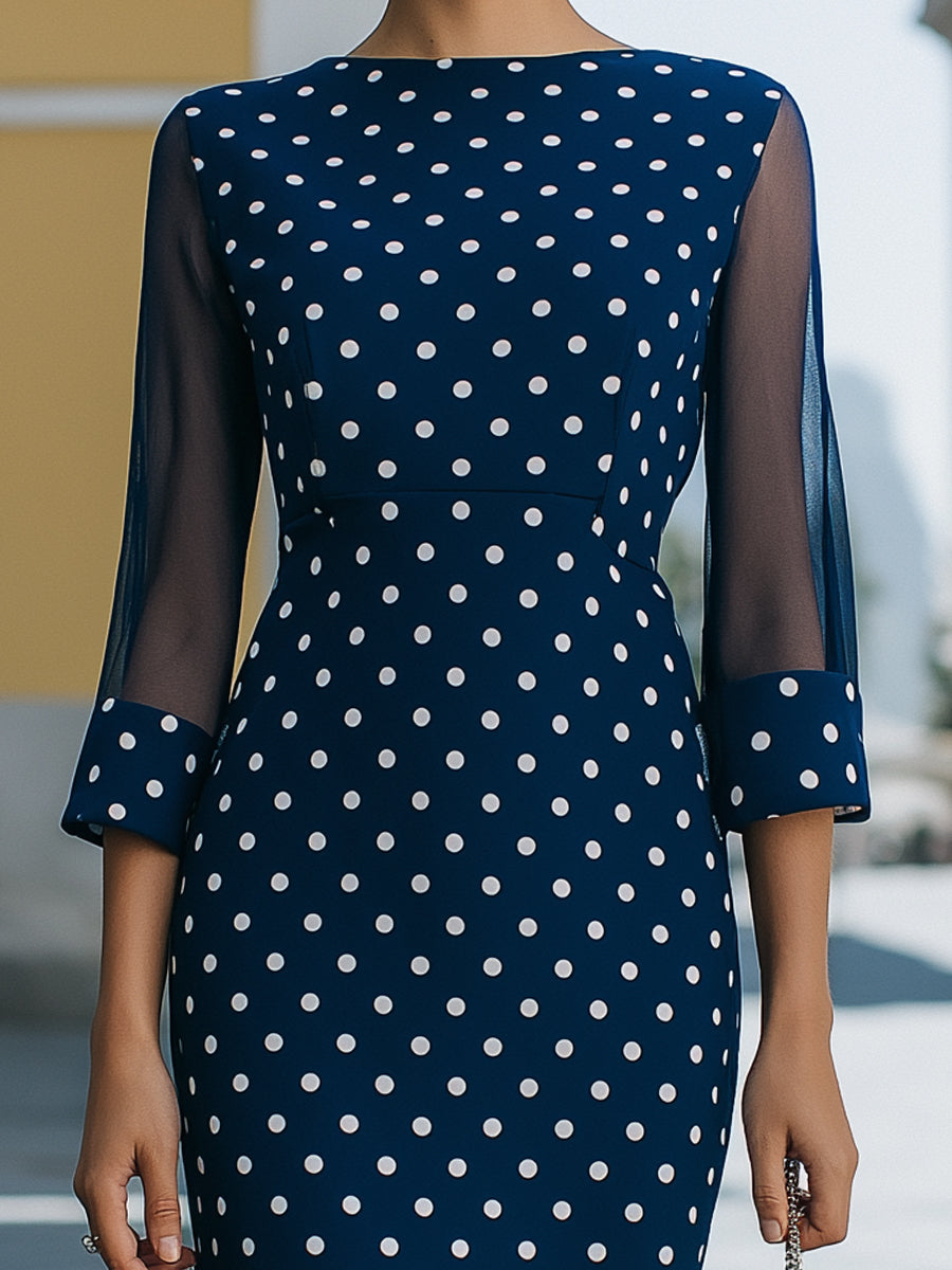 Whitemore & Daughters - Midi Dress: Round-Neck Bodycon Dress with Sheer Mesh Sleeves in Polka Dot Print