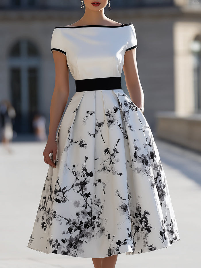 Whitemore & Daughters - Midi Dress: Boat-Neck A-Line Dress with Belted Waist in Floral Print