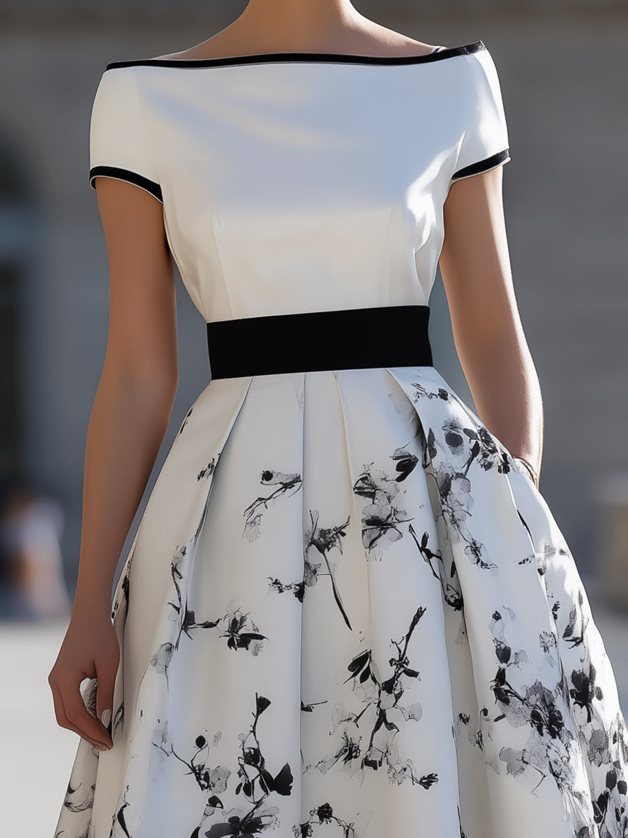 Whitemore & Daughters - Midi Dress: Boat-Neck A-Line Dress with Belted Waist in Floral Print