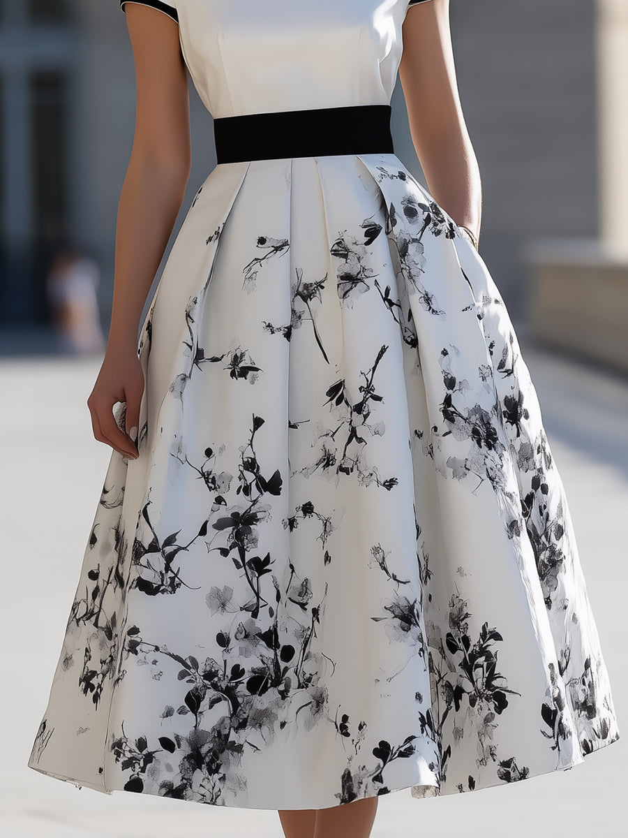 Whitemore & Daughters - Midi Dress: Boat-Neck A-Line Dress with Belted Waist in Floral Print
