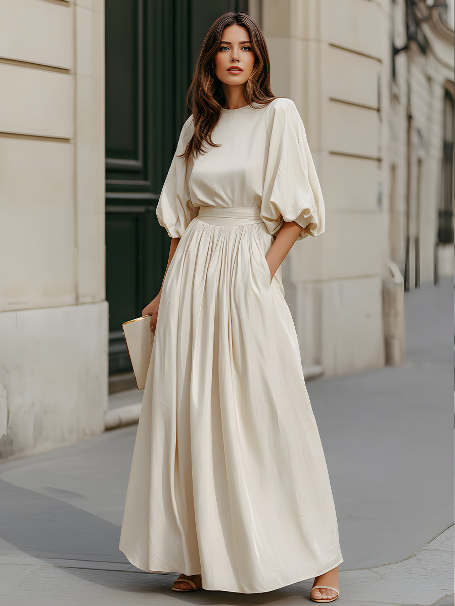 Whitemore & Daughters - Maxi Dress: Round-Neck Dress with Puff Sleeves and Gathered Waist