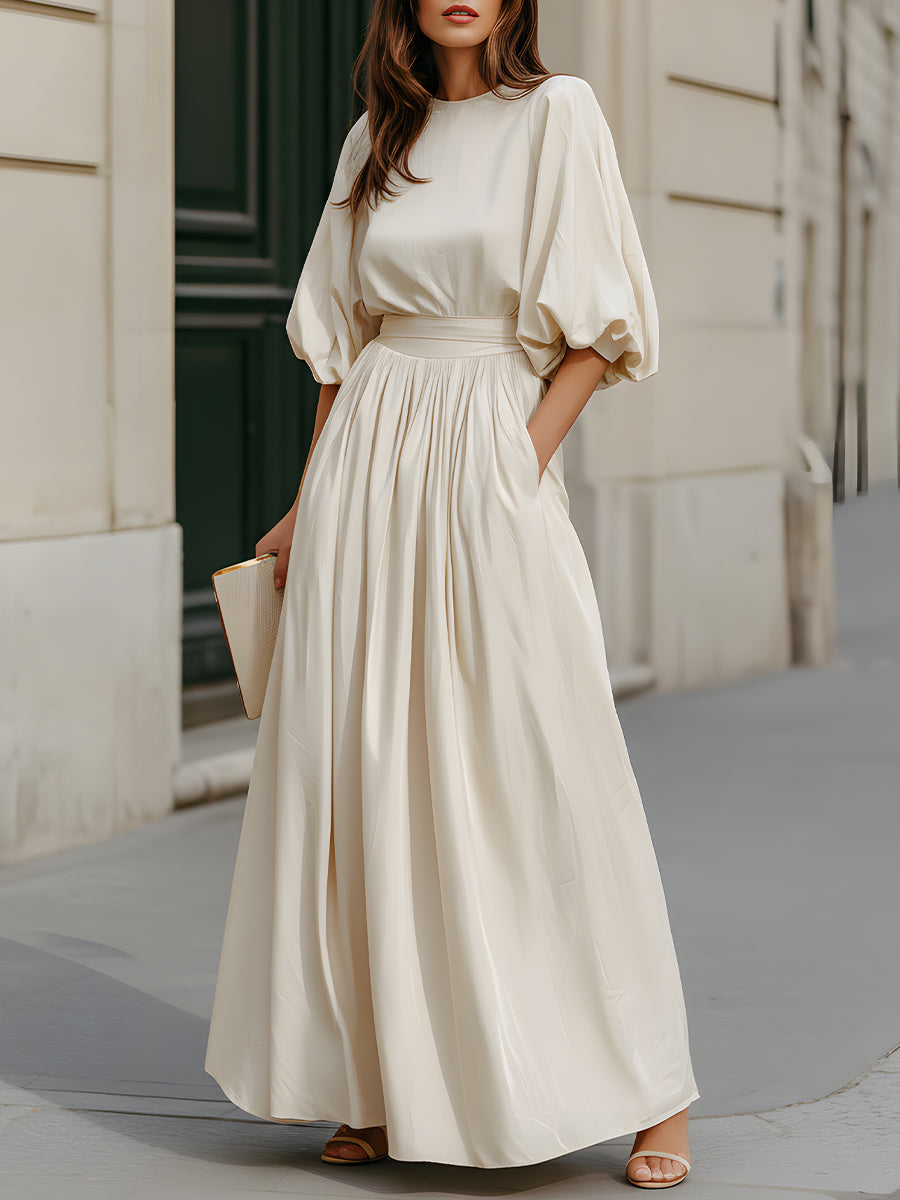 Whitemore & Daughters - Maxi Dress: Round-Neck Dress with Puff Sleeves and Gathered Waist