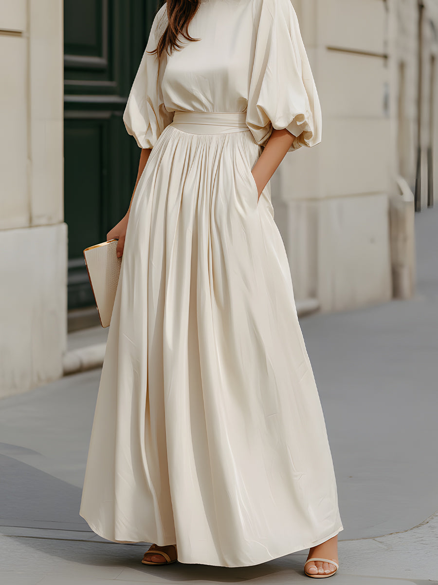 Whitemore & Daughters - Maxi Dress: Round-Neck Dress with Puff Sleeves and Gathered Waist