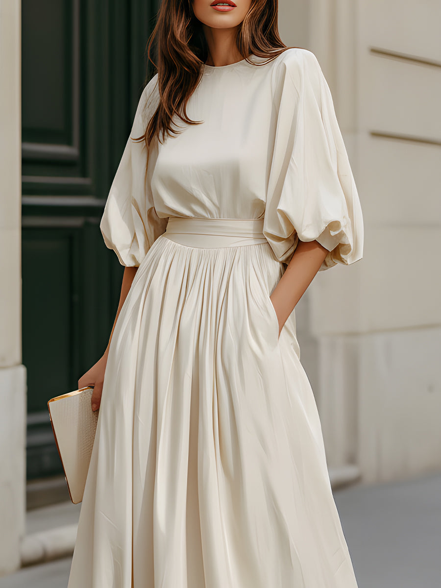 Whitemore & Daughters - Maxi Dress: Round-Neck Dress with Puff Sleeves and Gathered Waist