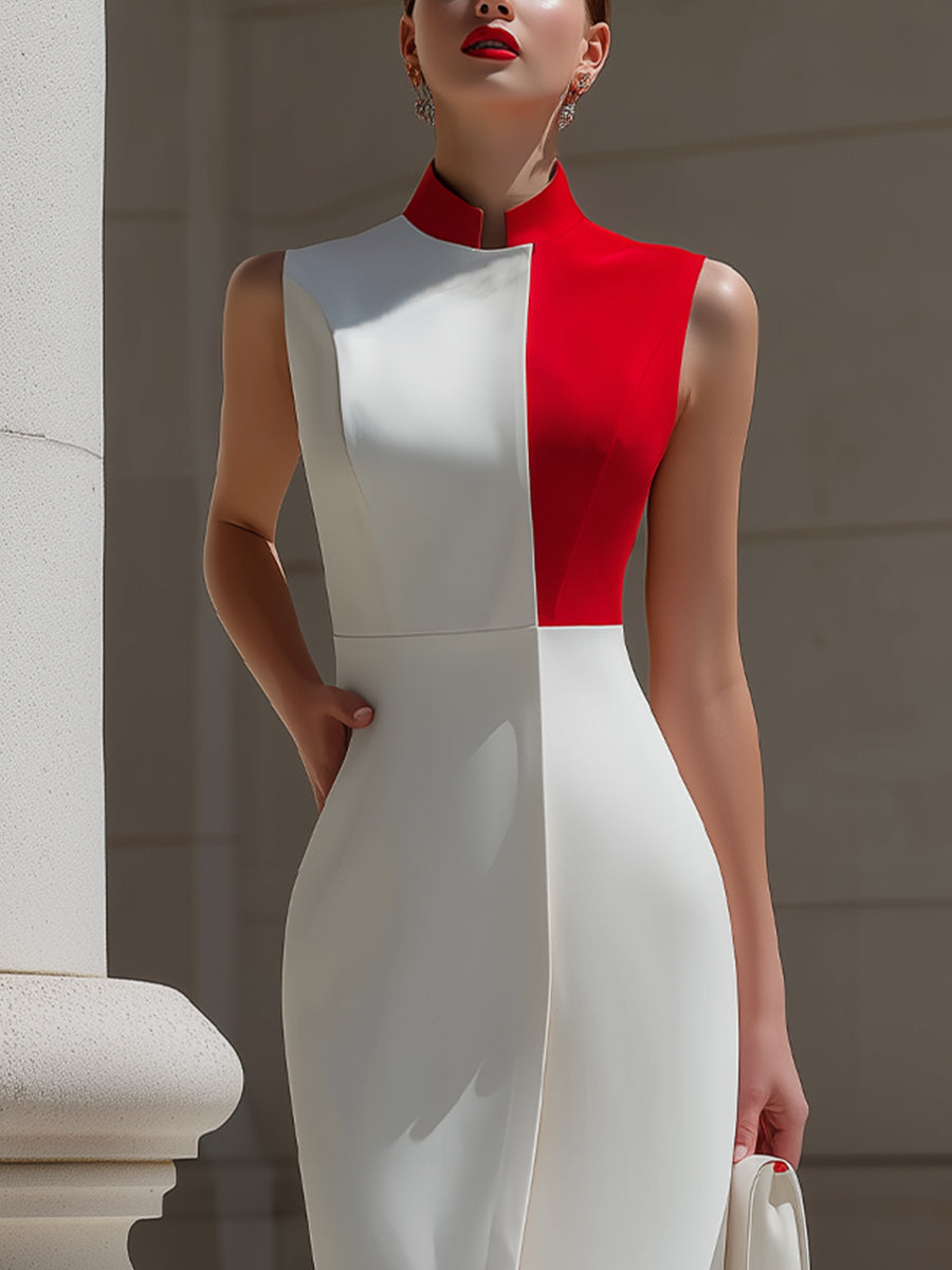 Whitemore & Daughters - Midi Dress: Mandarin-Collar Color-Block Dress with Front Slit