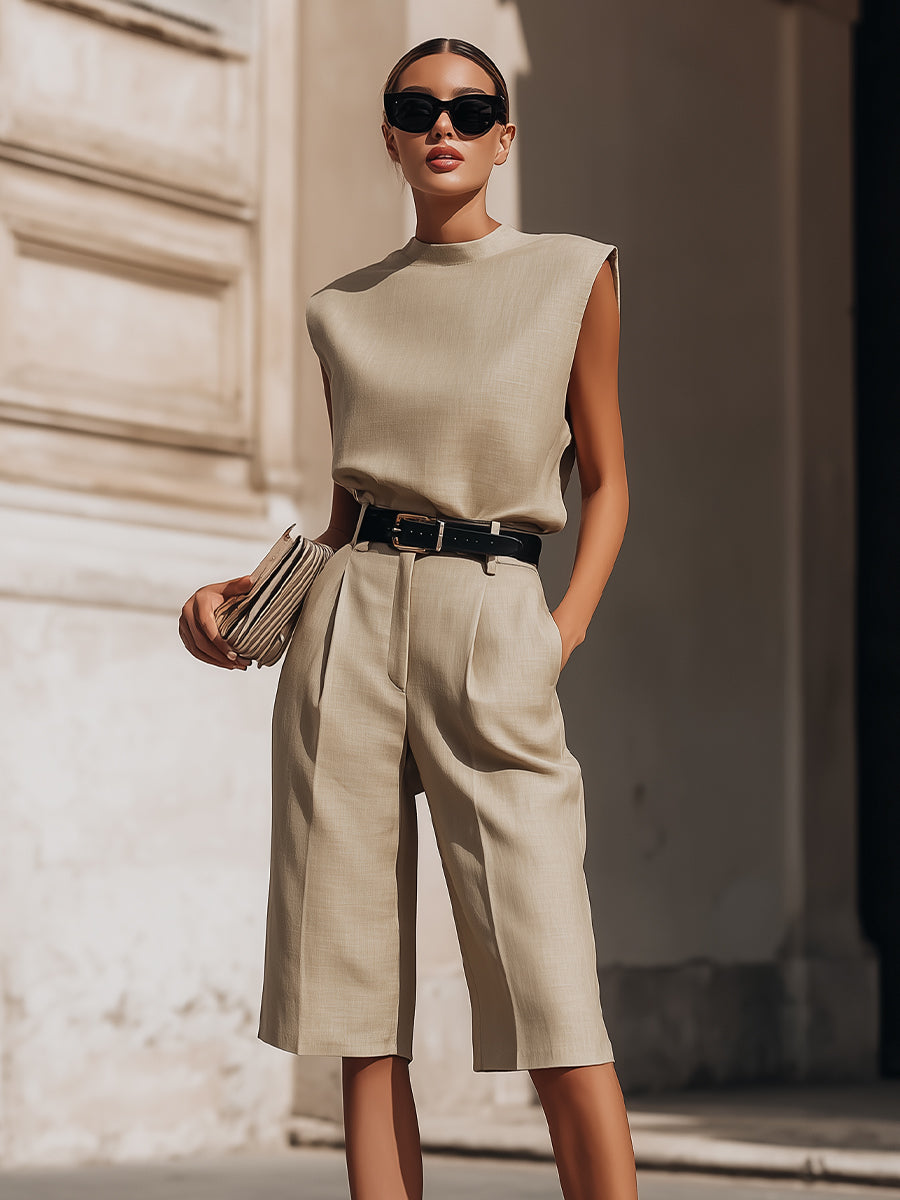 Khaki Minimalist Structured Sleeveless Top and Tailored Bermuda Shorts Set Co-ord – Whitemore & Daughters