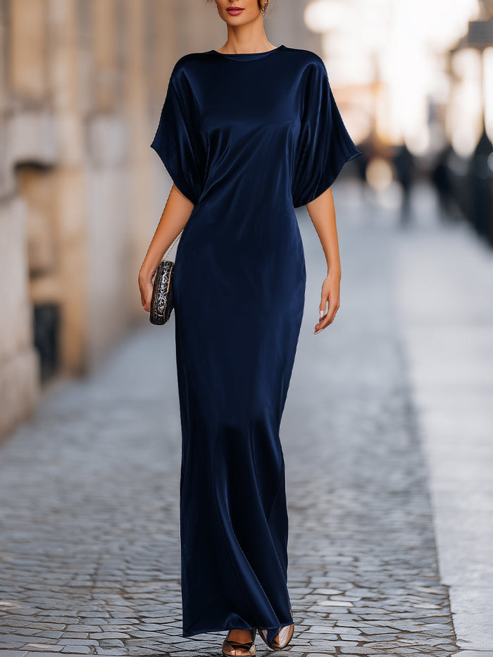 Whitemore & Daughters - Maxi Dress: Round-Neck Satin Dress with Batwing Sleeves