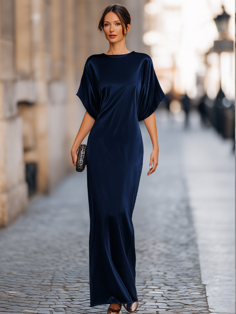 Whitemore & Daughters - Maxi Dress: Round-Neck Satin Dress with Batwing Sleeves