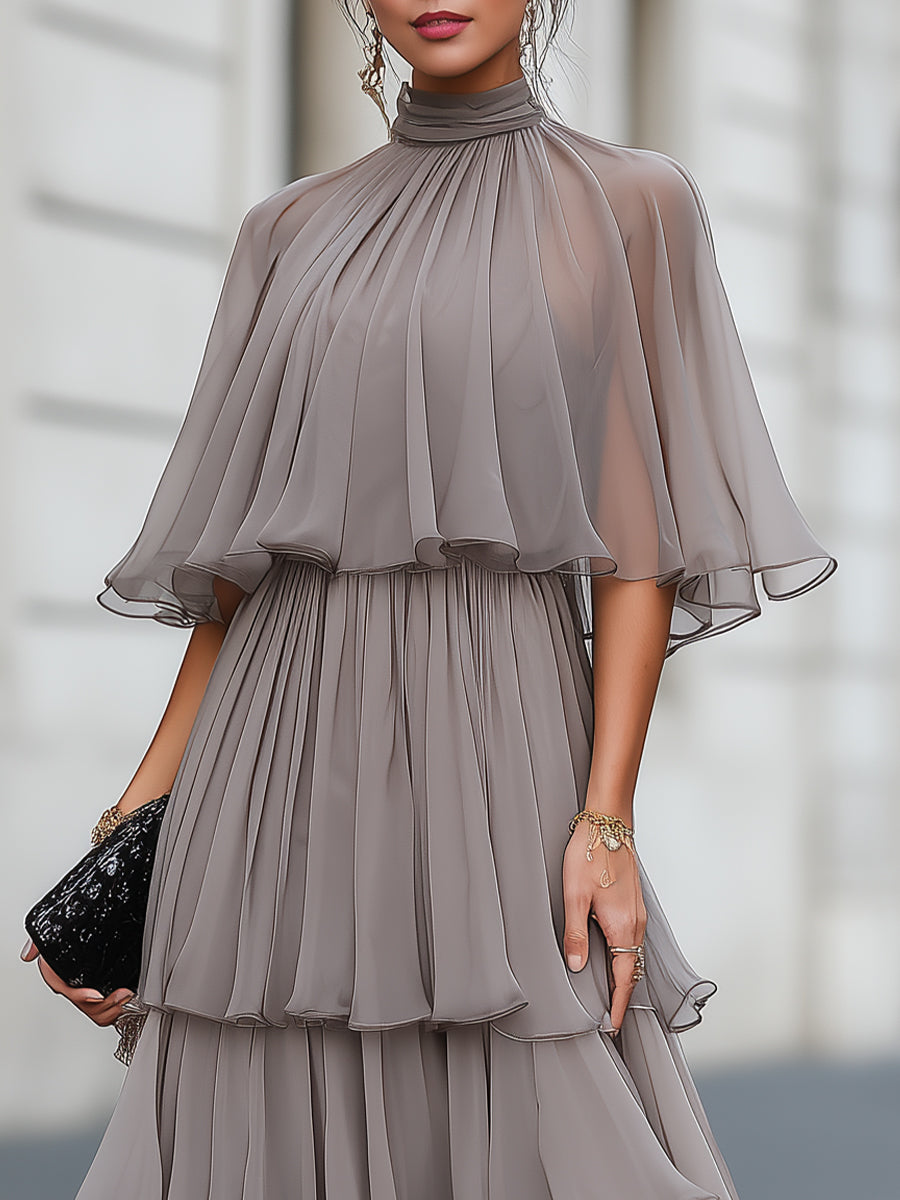 Whitemore & Daughters - Maxi Dress: High-Neck Dress with Cape Sleeves and Tiered Ruffle Skirt