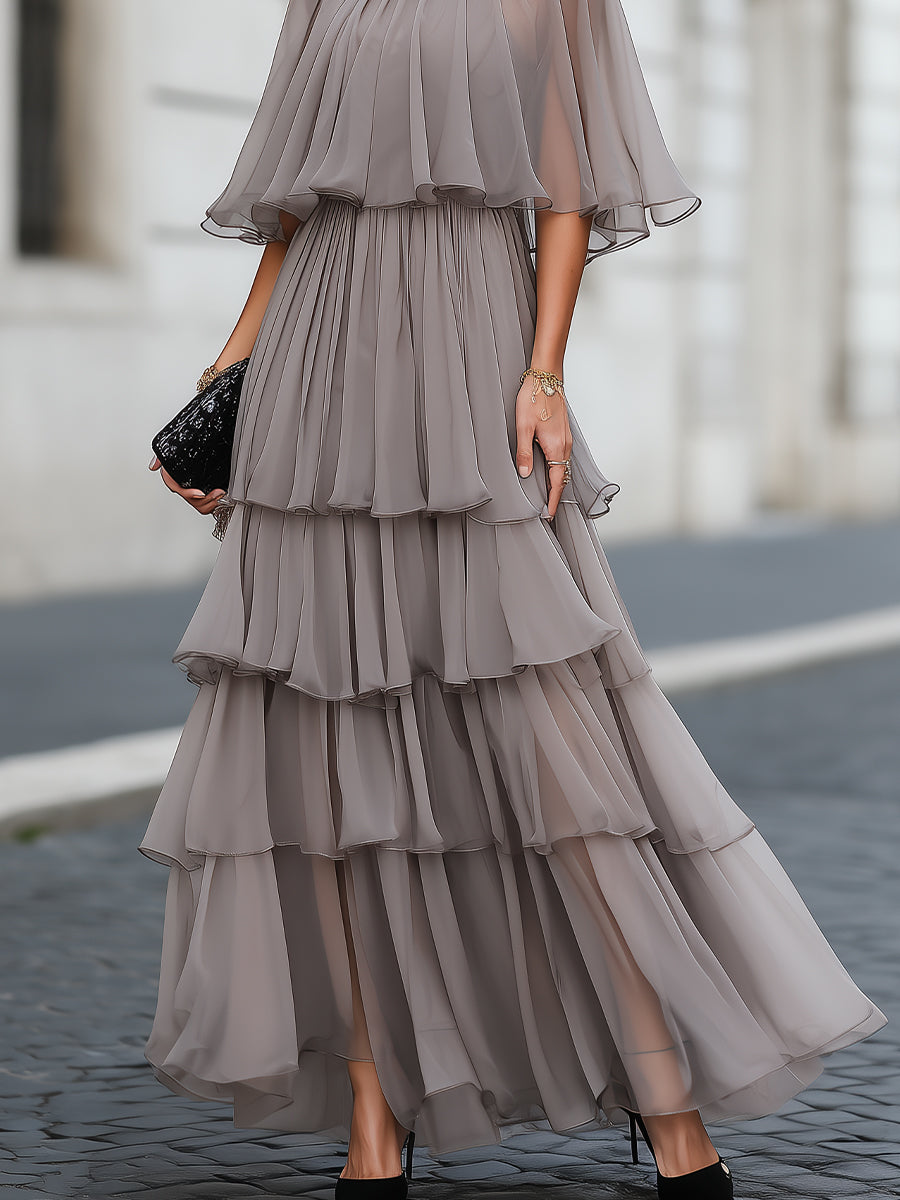 Whitemore & Daughters - Maxi Dress: High-Neck Dress with Cape Sleeves and Tiered Ruffle Skirt