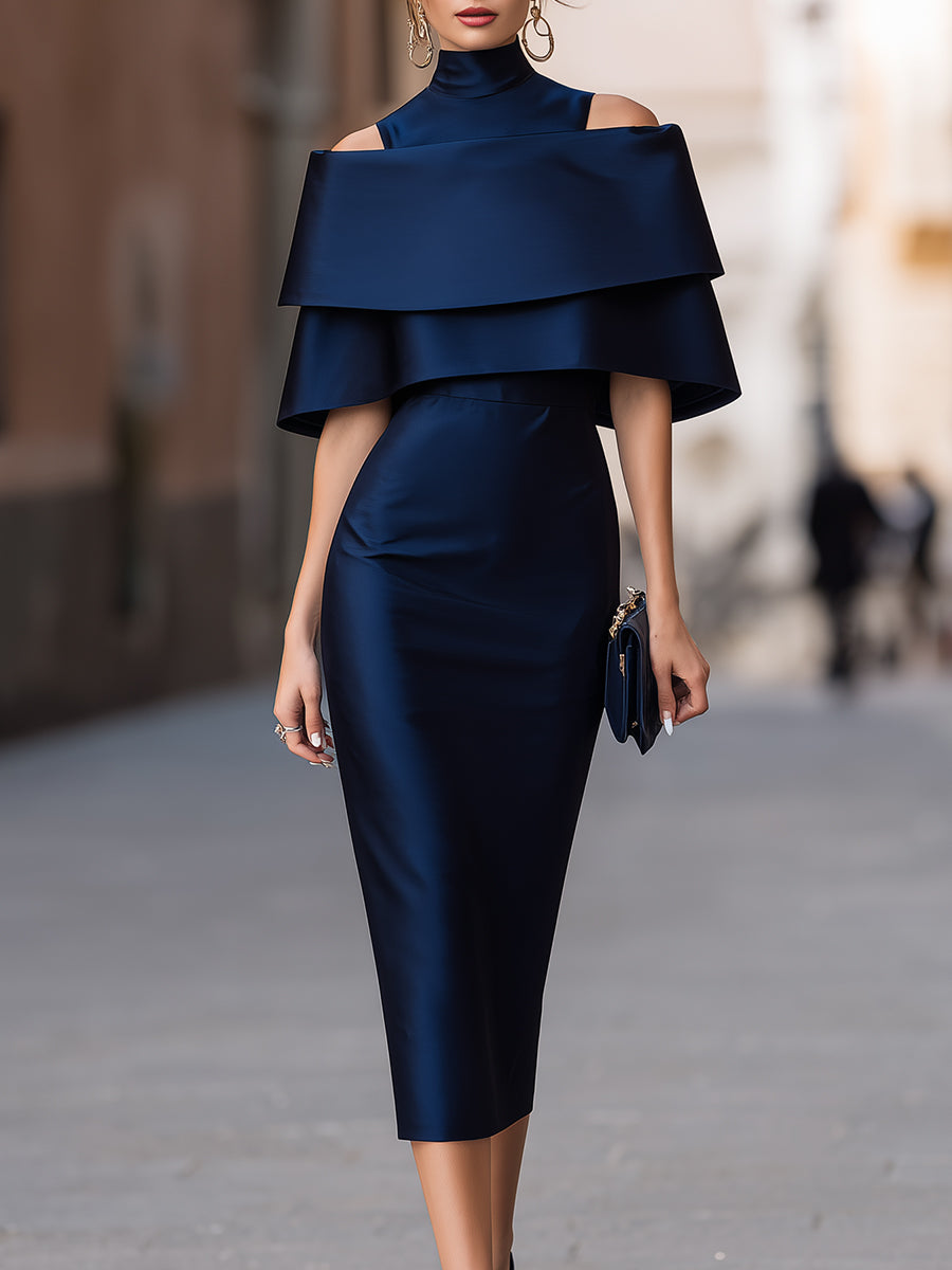 Whitemore & Daughters - Midi Dress: High-Neck Dress with Cape Overlay