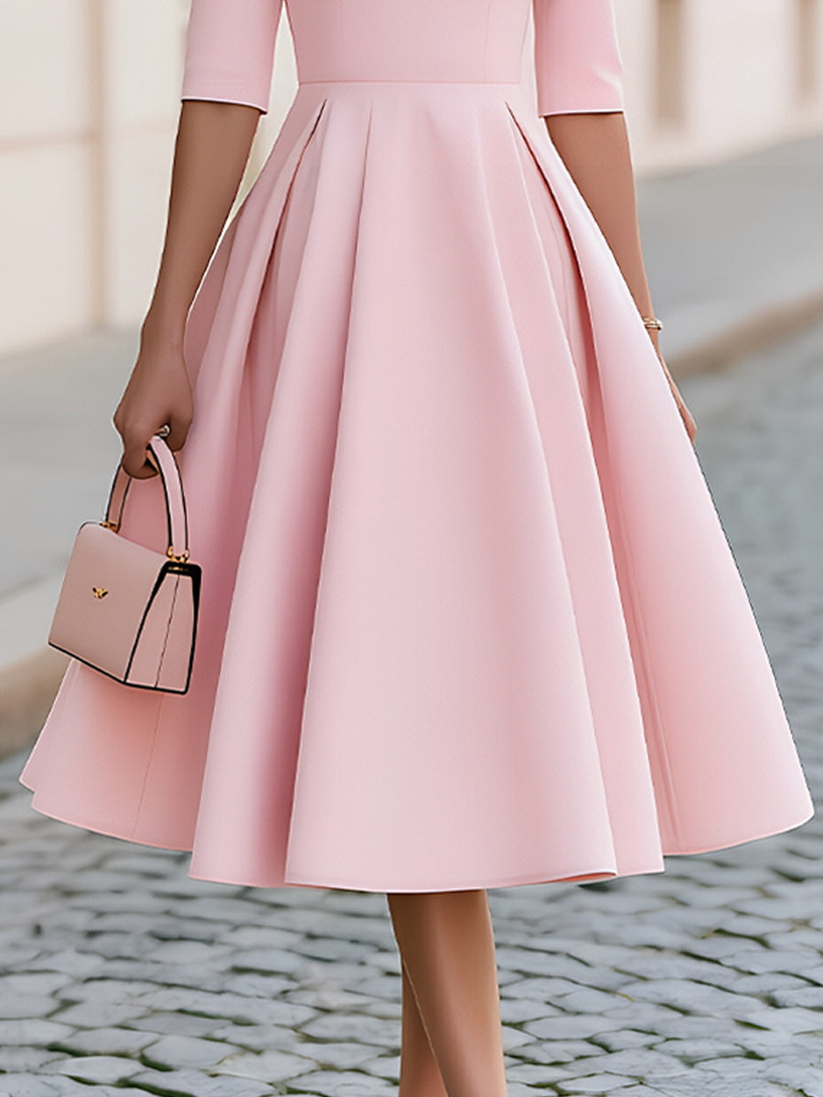 Whitemore & Daughters - Midi Dress: Round-Neck Fit-and-Flare Dress with 3/4 Sleeves