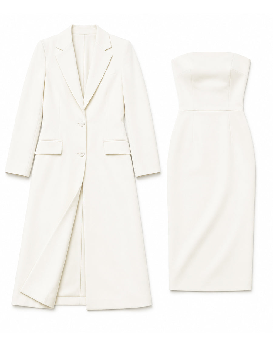 White Notched Lapel Long Blazer & Strapless Tube Bodycon Midi Dress Two-Piece Set – Whitemore & Daughters