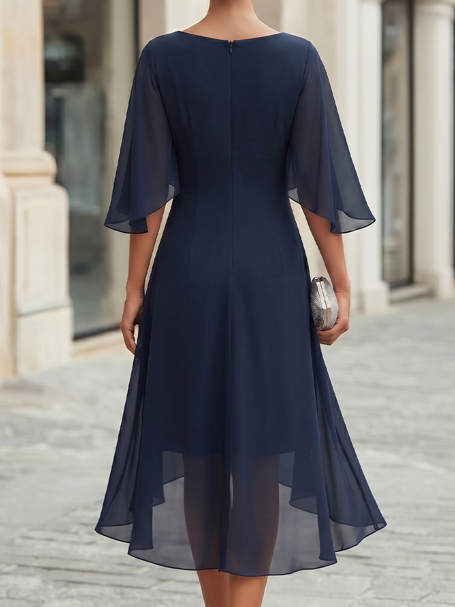 Whitemore & Daughters - Midi Dress: Draped Cowl-Neck Chiffon Dress with Cape-Overlay Sleeves