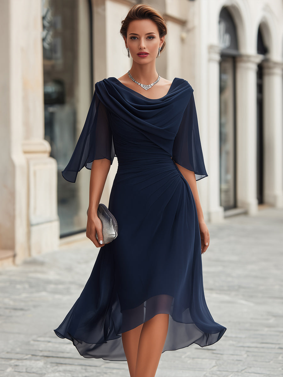 Whitemore & Daughters - Midi Dress: Draped Cowl-Neck Chiffon Dress with Cape-Overlay Sleeves
