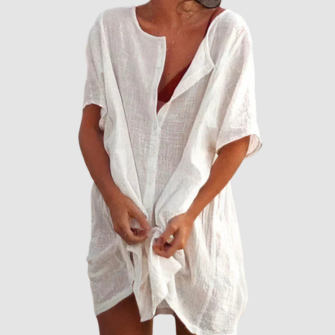 Whitemore & Daughters - Kensley Mini Dress: V-Neck Dress with Short Sleeves and Tie-Front Detail