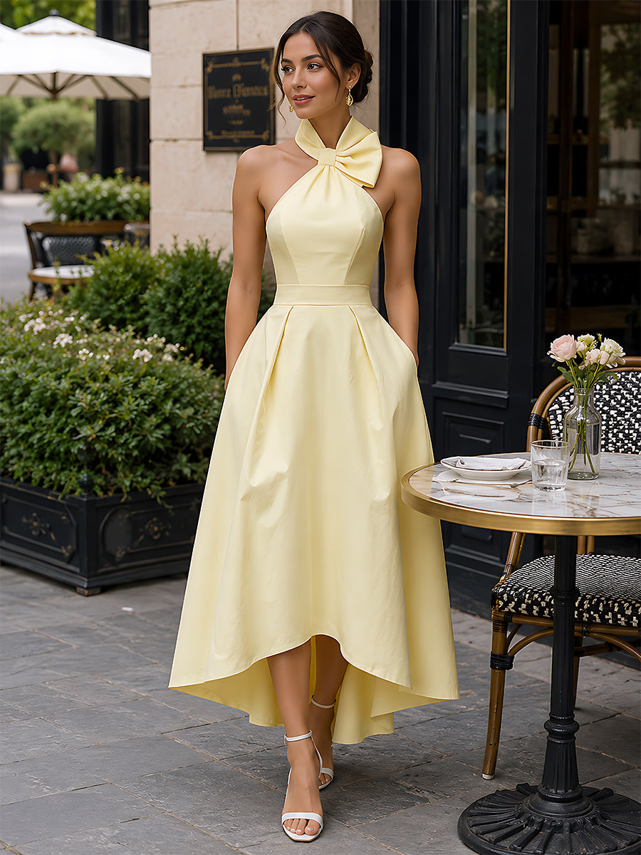 Whitemore & Daughters - Midi Dress: Halter-Neck Bow Dress with High-Low A-Line Skirt