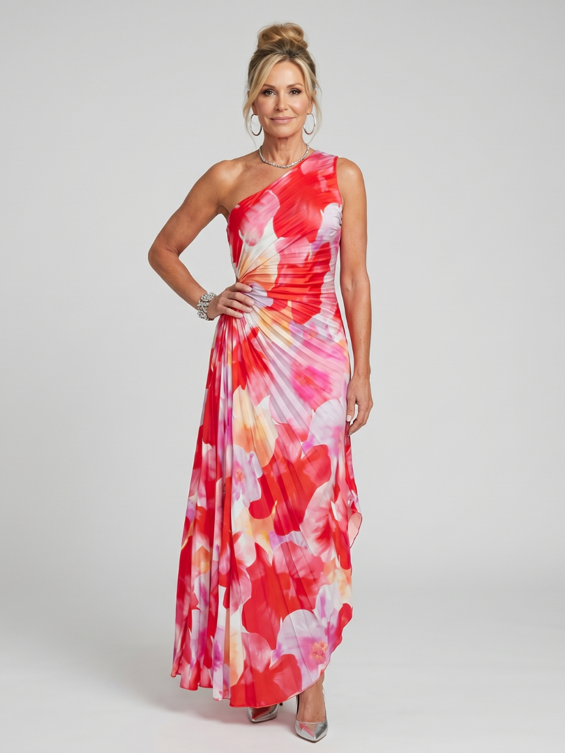 Whitemore & Daughters - Taya Maxi Dress: One-Shoulder Pleated Dress with Draped Waist in Floral Print