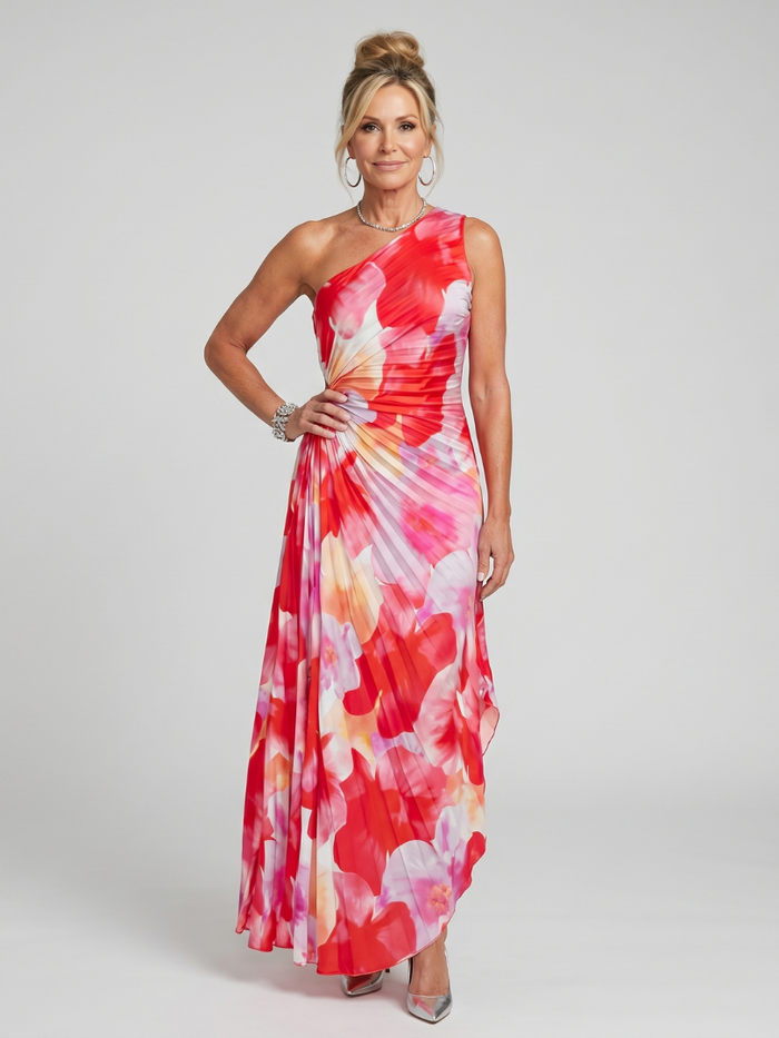 Whitemore & Daughters - Taya Maxi Dress: One-Shoulder Pleated Dress with Draped Waist in Floral Print
