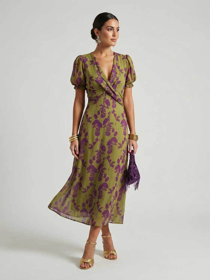 Whitemore & Daughters - Virel Midi Dress: V-Neck Wrap Dress with Puff Sleeves in Floral Print